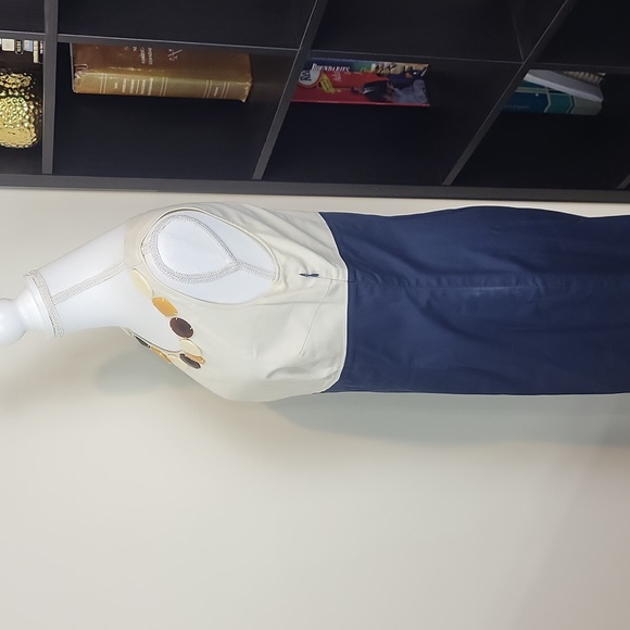 BODEN Navy Cream Sheath Long Length Midi Dress with Large Beaded Neckline (Tall) - Picture 5 of 14